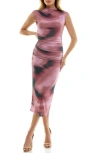 Socialite Mock Neck Cap Sleeve Mesh Midi Dress In Pink