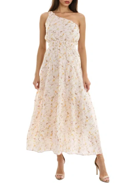 Socialite One-shoulder Tiered Midi Dress In Yellow/taupe