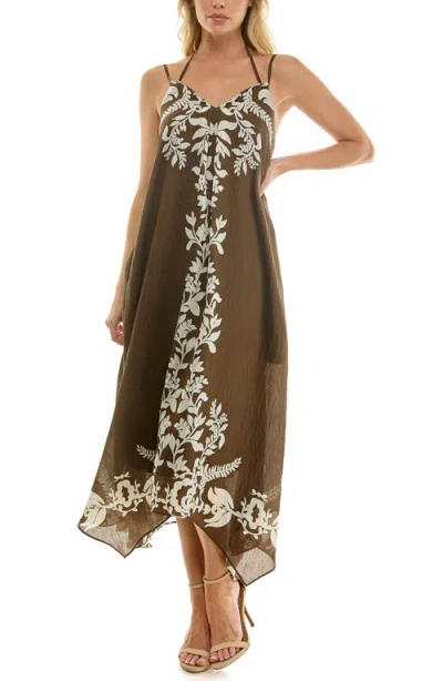 Socialite Placed Print Handkerchief Hem Dress In Brown