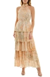 Socialite Plissé Tiered Maxi Halter Dress In Sage/peach