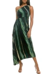 Socialite Print Asymmetric Hem Pleated Maxi Dress In Green