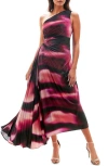 Socialite Print Asymmetric Hem Pleated Maxi Dress In Multi