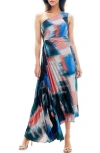 Socialite Print Asymmetric Hem Pleated Maxi Dress In Navy Abstract Colorblock