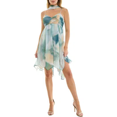 Socialite Print Handkerchief Hem Minidress With Scarf In Blue