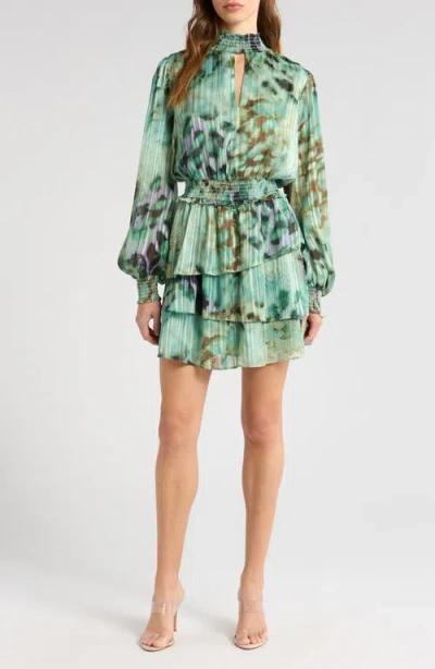 Socialite Print Metallic Smocked Long Sleeve Minidress In Green