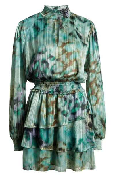 Socialite Print Metallic Smocked Long Sleeve Minidress In Green/olive