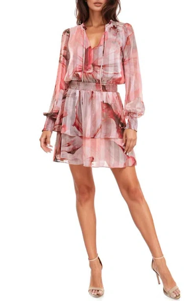 Socialite Print Metallic Tiered Long Sleeve Minidress In Peach/brown
