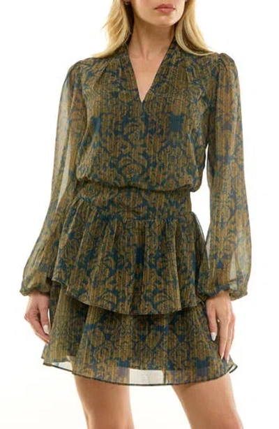 Socialite Printed Long Sleeve Chiffon Minidress In Green