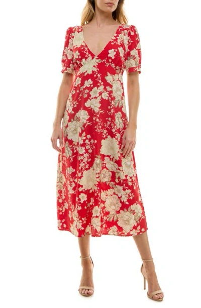 Socialite Puff Sleeve Bias Midi Dress In Red Floral