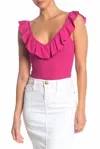 Socialite Rib Ruffle Sleeveless V Neck Bodysuit In Pink In Pink
