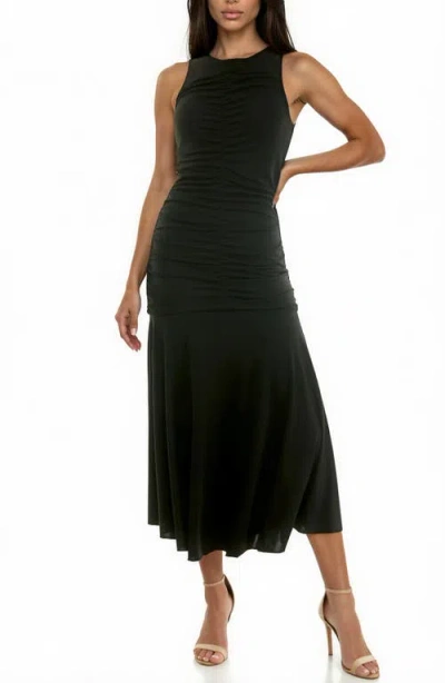 Socialite Ruched Bodice Midi Dress In Black