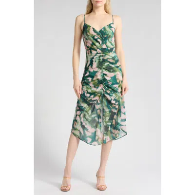 Socialite Ruched Cami Midi Dress In Green Pink