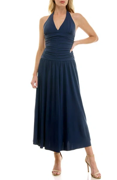 Socialite Ruched Halter Midi Dress In Blue