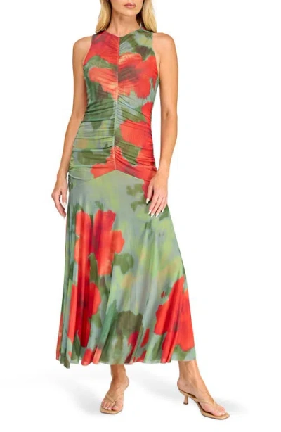 Socialite Ruched Mesh Midi Dress In Green