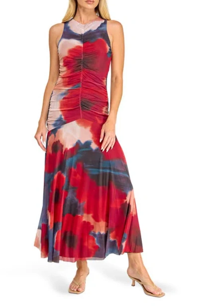 Socialite Ruched Mesh Midi Dress In Red
