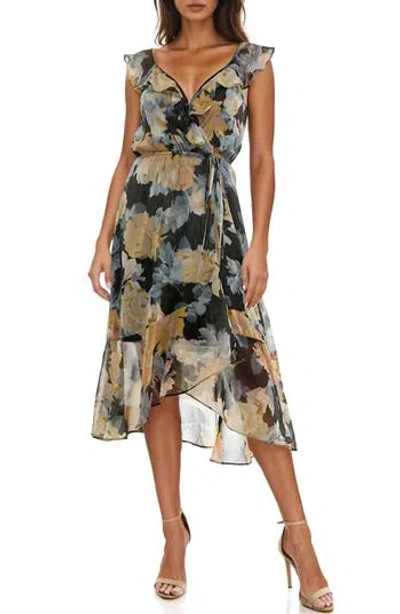 Socialite Ruffle Faux Wrap Chiffon Midi Dress In Black Multi Floral