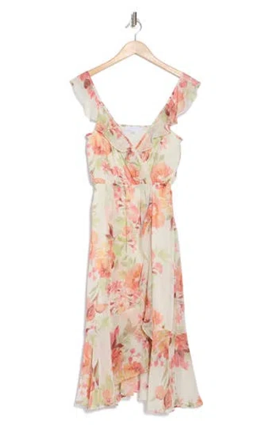 Socialite Ruffle Faux Wrap Chiffon Midi Dress In Ivory Multi Floral