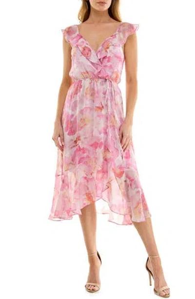 Socialite Ruffle Faux Wrap Chiffon Midi Dress In Ivory Pink Multi