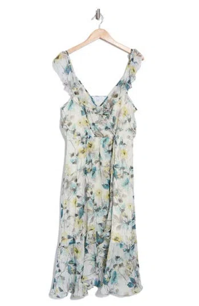 Socialite Ruffle Faux Wrap Chiffon Midi Dress In Ivory/yellow