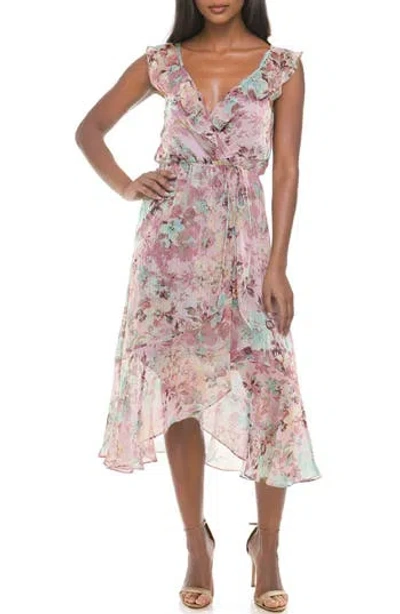 Socialite Ruffle Faux Wrap Chiffon Midi Dress In Lavendar/aqua Floral