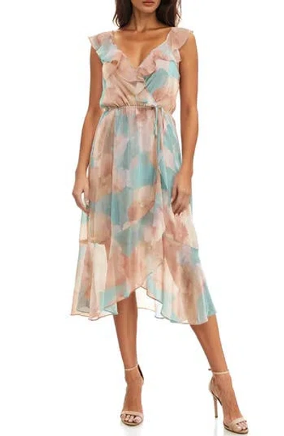 Socialite Ruffle Faux Wrap Chiffon Midi Dress In Teal/pumice