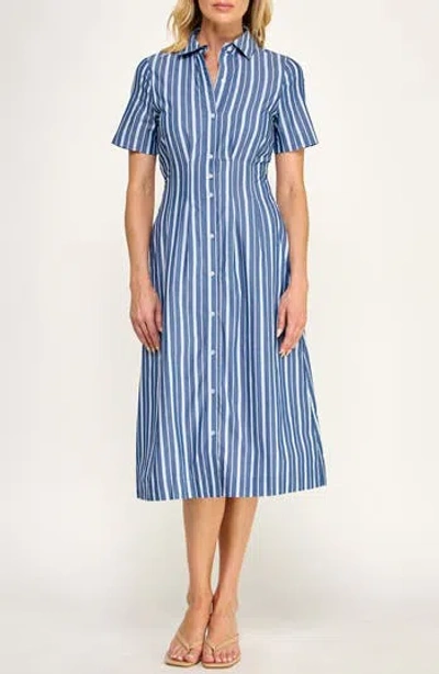 Socialite Seamed Cotton Shirtdress In Estate Blue Stripe