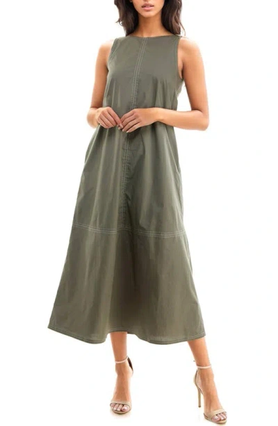 Socialite Seamed Stretch Cotton Midi Dress In Olive/ Ivory