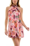 Socialite Shirred Sleeveless Minidress In Orange/pink/grey