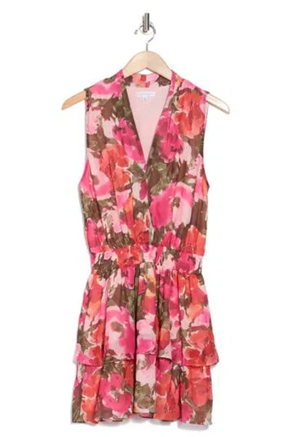 Socialite Sleeveless Pleated Minidress In Pink Olive Print