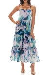 Socialite Smocked Back Tiered Maxi Dress In Navy Blurred Floral