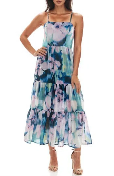 Socialite Smocked Back Tiered Maxi Dress In Navy Blurred Floral