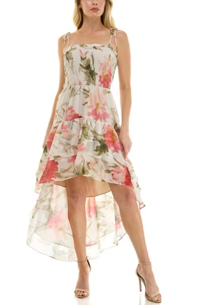 Socialite Smocked Bodice Tie Strap High-low Midi Dress In Pink