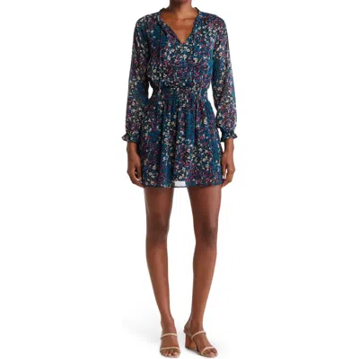 Socialite Smocked Long Sleeve Dress In Black/teal/purple Print