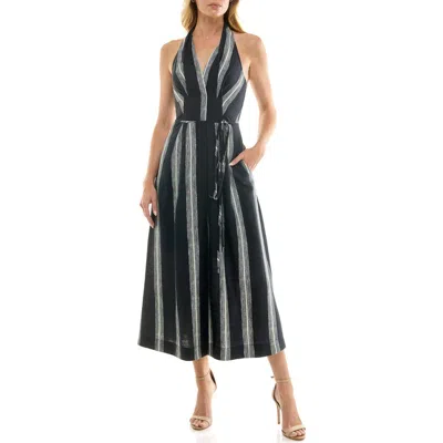 Socialite Stripe Halter Midi Dress In Black