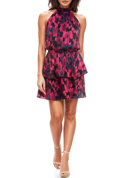 Socialite Tiered Halter Satin Minidress In Black/fuschia