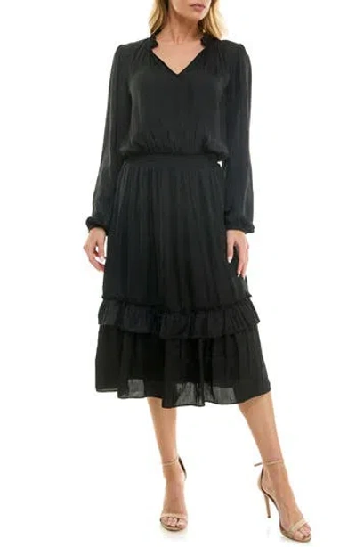 Socialite Tiered Long Sleeve Satin Dress In Black