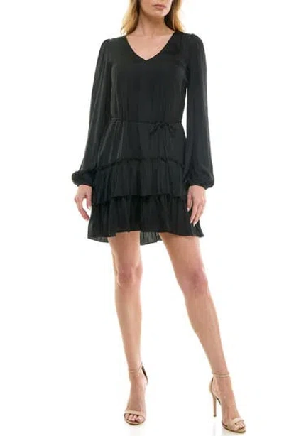 Socialite Tiered Long Sleeve Satin Dress In Black