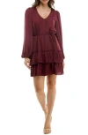 Socialite Tiered Long Sleeve Satin Dress In Burgundy