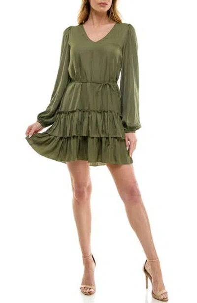 Socialite Tiered Long Sleeve Satin Dress In Dusty Olive