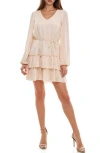 Socialite Tiered Long Sleeve Satin Dress In Fawn