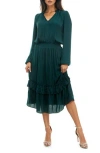 Socialite Tiered Long Sleeve Satin Dress In Forest Green