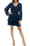 Socialite Tiered Long Sleeve Satin Dress In Midnight Navy