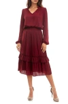 Socialite Tiered Long Sleeve Satin Dress In Pomegranate