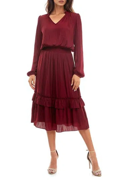 Socialite Tiered Long Sleeve Satin Dress In Pomegranate