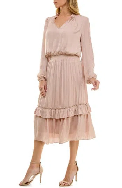 Socialite Tiered Long Sleeve Satin Dress In Tan Blush