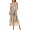 Socialite Tiered Maxi Halter Dress In Turquoise/yellow