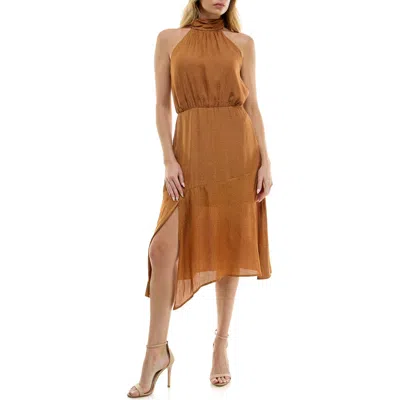 Socialite Tiered Satin Midi Dress In Camel