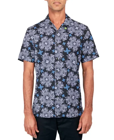 Society Of Threads Men's Regular-fit Non-iron Performance Stretch Medallion-print Button-down Camp Shirt In Black