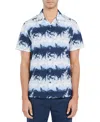 Society Of Threads Men's Slim Fit Non-iron Striped Leaf Print Performance Stretch Camp Shirt In White,blue