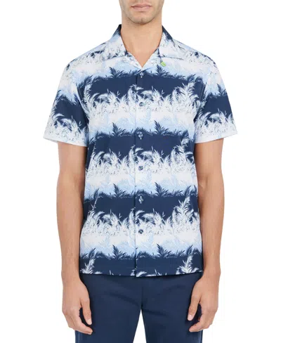 Society Of Threads Men's Slim Fit Non-iron Striped Leaf Print Performance Stretch Camp Shirt In White,blue
